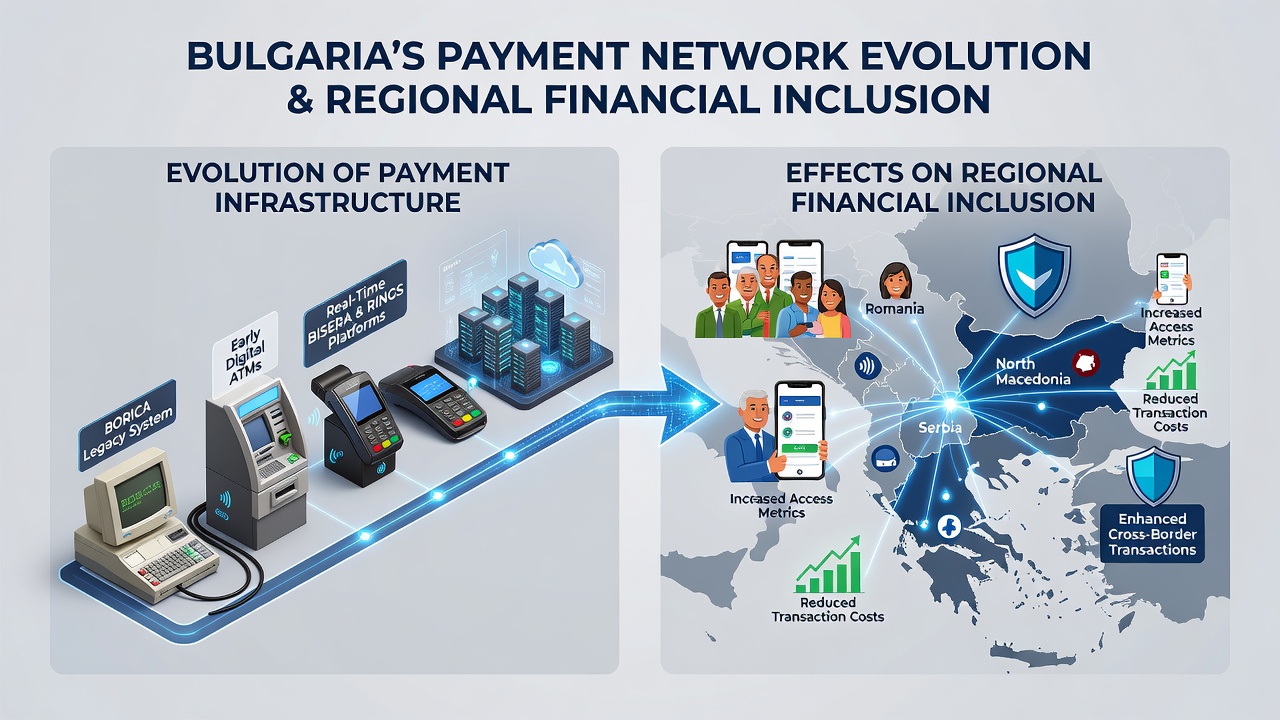 Regional map highlighting financial inclusion progress in Bulgaria and neighboring Balkan countries with transaction flow indicators